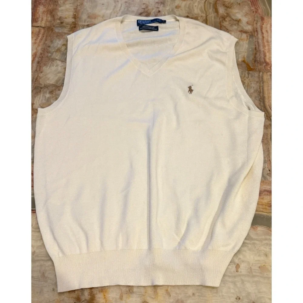 Polo Ralph Lauren Mens Classic Sweater Vest Ivory Pima Cotton V-Neck Pony Logo L